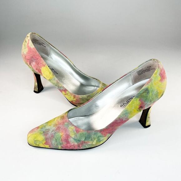 Bellini Shoes - Bellini Tamesis Embossed Leather Block Kitten Heels Shoes Floral Yellow Pink 7.5
